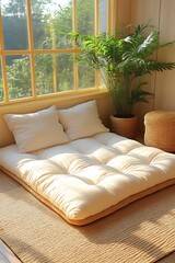 Cozy Natural Futon Mattress with Pillows Near Window