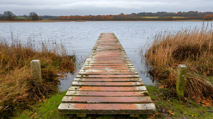 Obraz premium Wooden jetty extends into a calm lake surrounded by dry autumn reeds under an overcast sky.