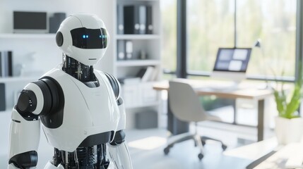 Humanoid robot personal assistant organizing schedules in a sleek home office, efficient home environment with distant view of organized desk and digital devices, Personal Assistant style