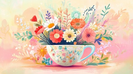 Colorful Floral Arrangement in Vintage Teacup
