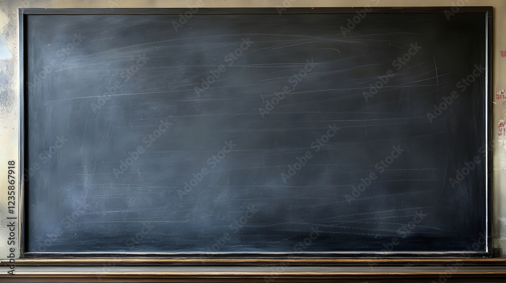 Aufkleber Empty black chalkboard or blackboard in a vintage grunge and textured classroom or lecture hall setting  Blank space for copy presentation or educational content