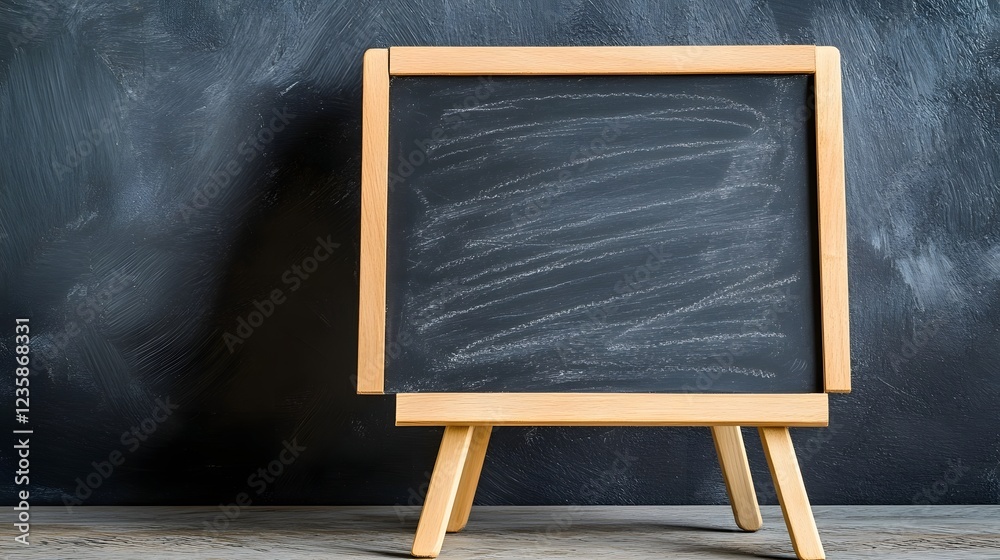 Aufkleber Empty black chalkboard or blackboard mounted on a wooden easel in a classroom lecture hall or office setting  Blank slate available for writing drawing presentations lessons