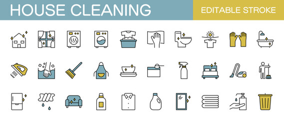 家の掃除・家事に関するアイコンセット　編集可能　カラー　 © Rico