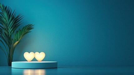 Fototapeta premium Two heart-shaped lights on a pedestal beside a palm plant against a blue wall., Valentine's Day concept