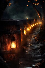 Obraz premium Illuminated barrels line a dark, mysterious path.