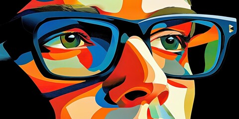 Fototapeta na wymiar Colorful Abstract Portrait Illustration. Vibrant face art and modern eyewear. Artistic expression, digital design capture striking visual style and imaginative creativity.