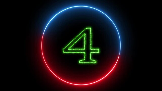 Neon glowing number counting 0-10 with colorful circle animation on a black background.