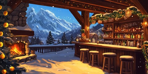 Festive Mountaintop Bar with Cozy Fireplace and Stunning View