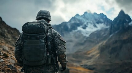 Soldier contemplates majestic snow-capped mountains.