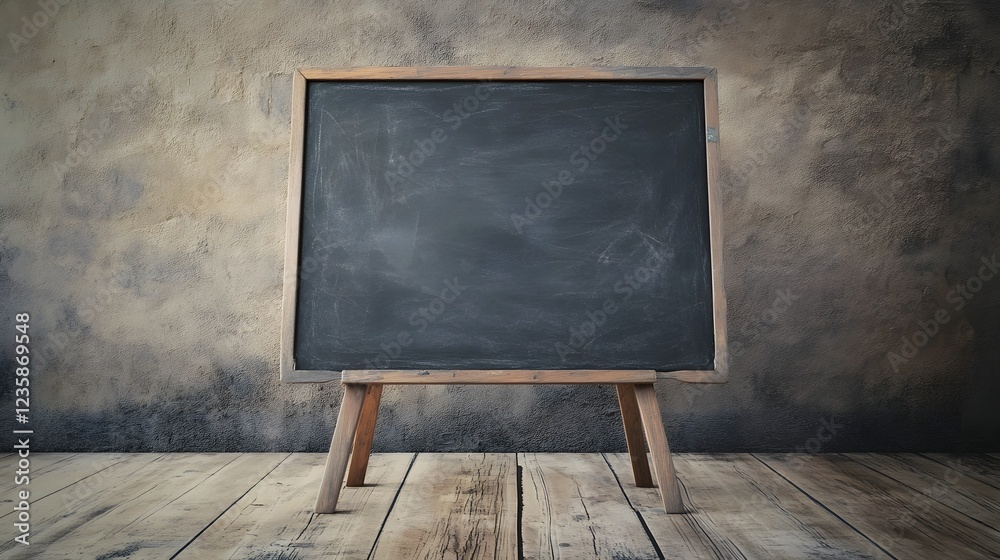 Poster empty chalkboard or blackboard mounted on a wooden easel in a classroom or lecture hall setting prov