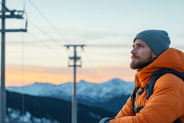 Naklejka premium solitary traveler gazes over breathtaking mountain vista at sunset capturing essence of adventure and exploration in