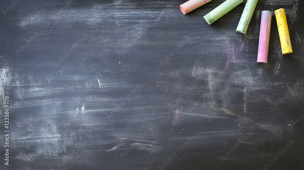 Aufkleber Empty chalkboard or blackboard with chalk sticks on a wooden desk or table  This image can be used as a background for education teaching learning business presentations training workshops