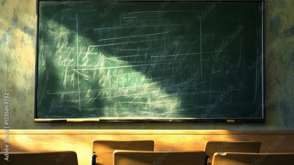 Aufkleber empty classroom interior with a green chalkboard or whiteboard and rows of desks and chairs represen