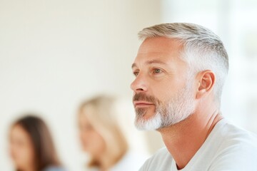 Fototapeta premium supportive group therapy session where participants sit in semi-circle engaging in conversation with therapist