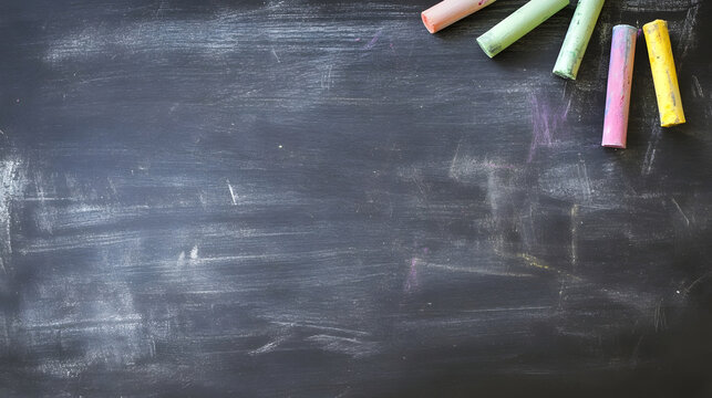 Empty chalkboard or blackboard with chalk sticks on a wooden desk or table  This image can be used as a background for education teaching learning business presentations training workshops