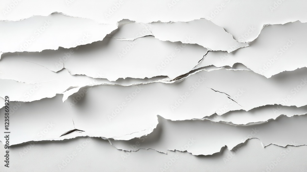 Poster abstract close-up of torn white paper with frayed edges and subtle shadows creating a textured surfa