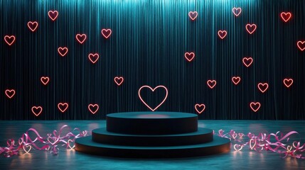 Neon heart decorations on a stage with a blue background., Valentine's Day concept