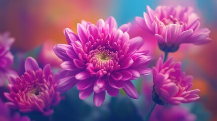 Vibrant Pink Chrysanthemums Blooming in a Soft Focused Background with Colorful Hues, Showcasing Nature's Beauty in a Serene Floral Scene