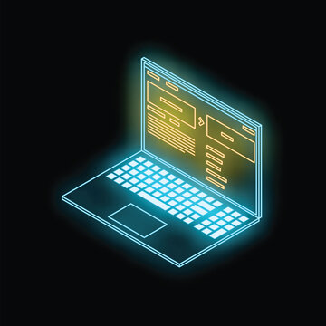 Isometric view of glowing neon laptop displaying programming code, representing software development and coding concepts