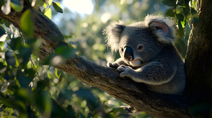 Obraz premium Tranquil Koala in Serene Eucalyptus Forest, Embodying Nature's Harmony and Gentle Spirit