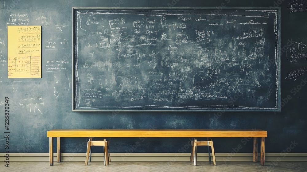 Aufkleber empty classroom with an old green chalkboard and desks and chairs representing the concept of educat