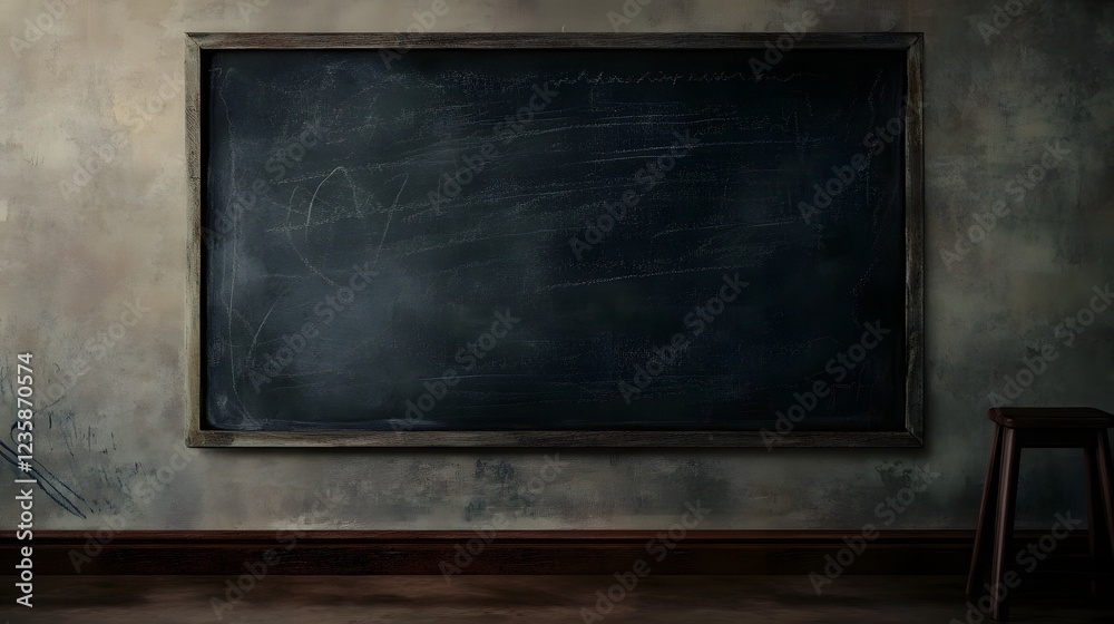 Poster empty classroom with large black chalkboard in a modern academic setting ready for the next lesson o