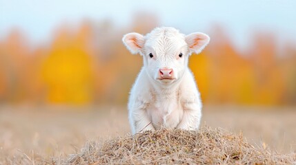 Obraz premium White calf in autumn field, looking at camera