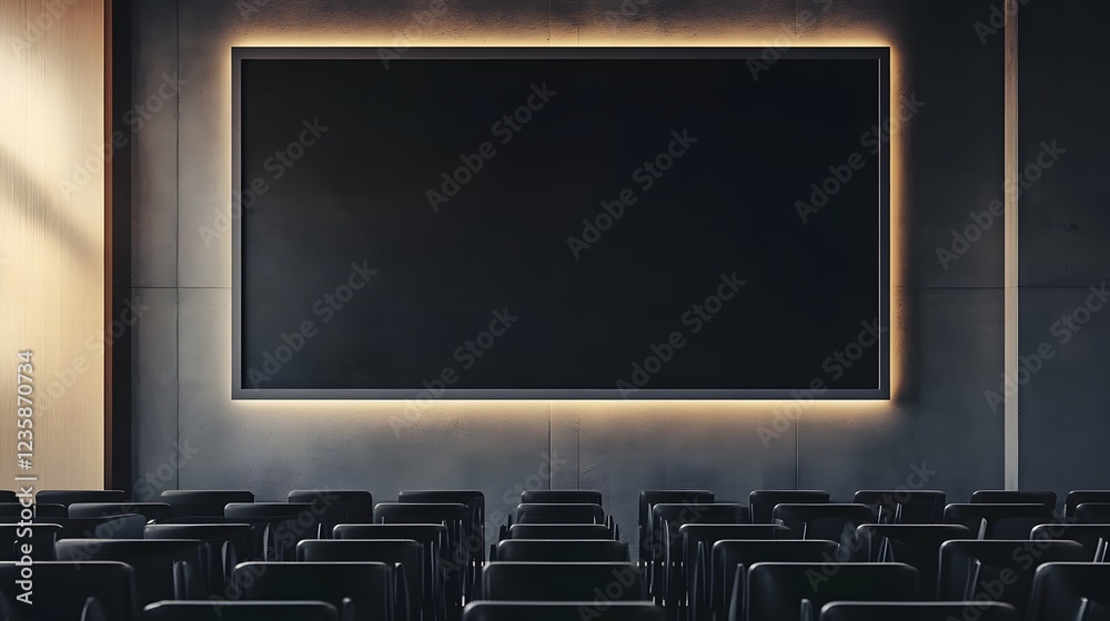 Aufkleber Empty dark auditorium or theater style classroom with rows of chairs facing a large projection screen ready for lectures conferences presentations or other educational and corporate events