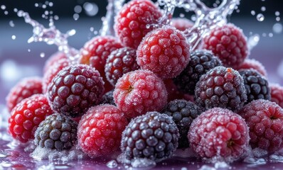 Fresh red and black berries with splashes