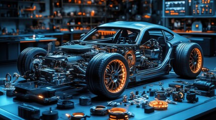 Futuristic car model displayed in a workshop, showcasing intricate engineering and vibrant lighting