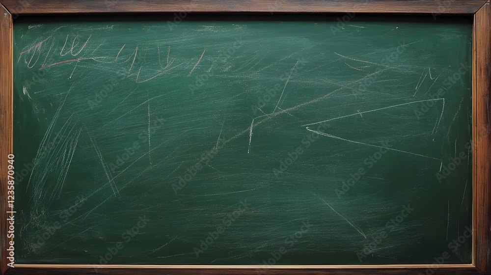 Poster empty green chalkboard in a classic classroom or academic setting with white chalk marks and copy sp