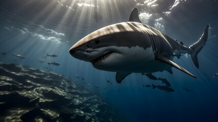 Fototapeta premium Powerful great white shark swimming through deep ocean waters with sunlight rays creating a dramatic effect