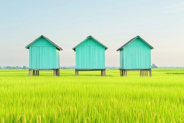 Obraz premium wooden hut on stilts sits in middle of rice field green terraces stretching into distance copy space