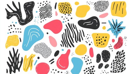 Vibrant Abstract Shapes and Patterns in Playful Colors Featuring Black, Yellow, Pink, Blue, and White Suitable for Creative Design and Artistic Projects