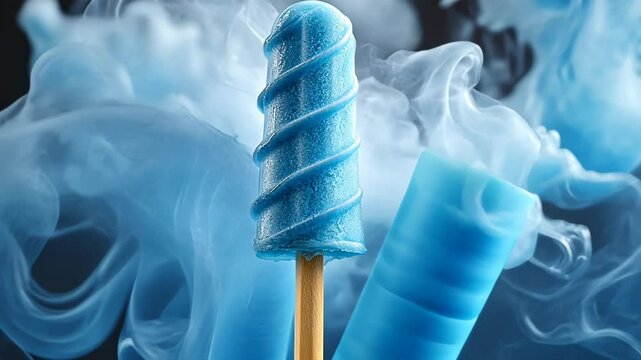 Blue Swirled Ice Cream Pop Surrounded by Wispy Smoke in Studio