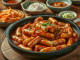 Flavors Unleashed A Hearty Stir-Fry in a Cast Iron Skillet with Rich Sauce and Tender Meat, Paired with Sliced Onions, Sauces, and Green Onions on a Wooden Table.