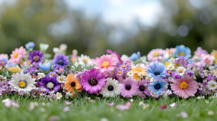 Obraz premium Colorful wildflowers in shades of pink, purple, and blue bloom in a row on green grass under bright daylight.