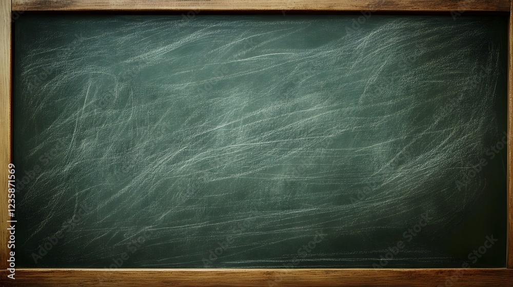 Poster empty green chalkboard or blackboard with wooden frame in classroom or school interior setting clean