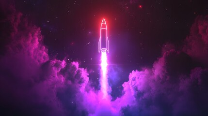 Neon rocket launching into space with a vibrant glow representing futuristic technology and exploration