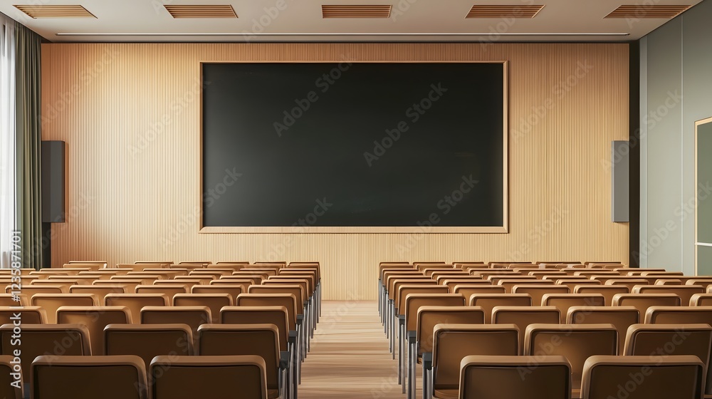 Aufkleber Empty lecture hall or conference room with rows of chairs and large projection screen for business presentation educational seminar or training event