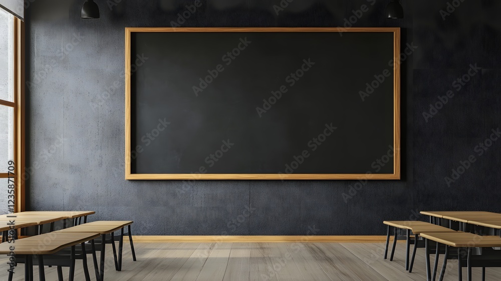 Aufkleber empty interior of a modern classroom or lecture hall with a large blackboard or chalkboard on the wa
