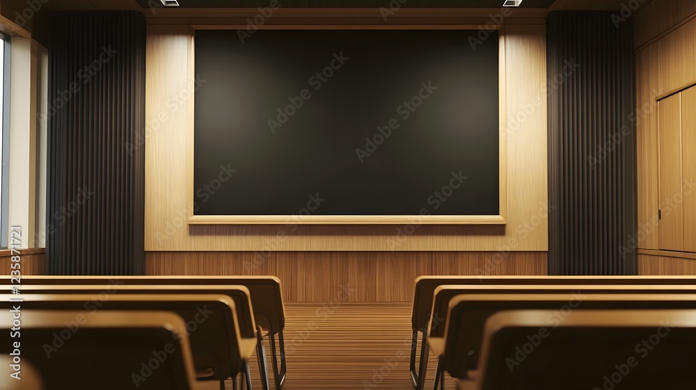 Poster empty lecture hall with rows of seats and a large black projection screen in a modern wooden auditor