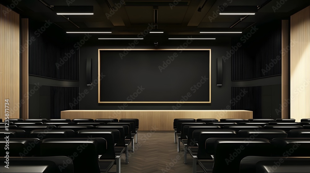 Poster Empty modern auditorium with rows of comfortable seats and a large projection screen at the front of the room ready for a conference lecture or presentation event
