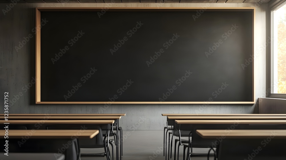 Poster Empty modern minimalist classroom or lecture hall interior with large chalkboard or blackboard and rows of desks and chairs  Concept of education teaching learning university college