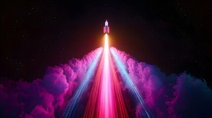 Neon rocket with a vibrant glow launching into space representing futuristic exploration and technology