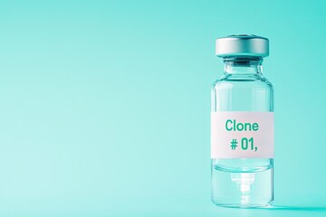 Obraz premium close-up of sterile glass vial labeled clone 01 filled with glowing bio-solution emphasizing futuristic biotech developments