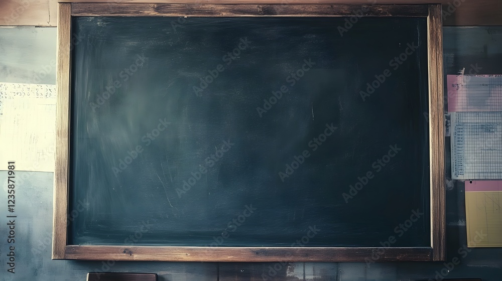 Poster empty vintage chalkboard with wooden frame in an academic classroom or lecture hall setting the blac