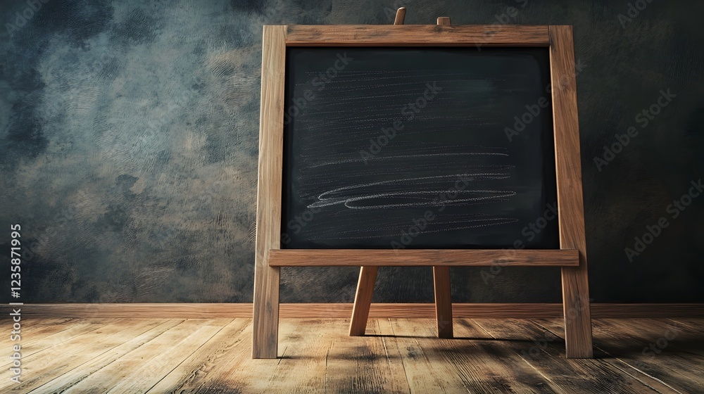 Poster empty wooden chalkboard frame mounted on dark textured grunge wall background ideal for classroom sc