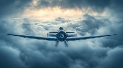 Vintage aircraft soaring through dramatic clouds during sunset, evoking adventure and nostalgia