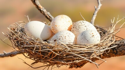 Obraz premium A nest on a branch holds four white eggs surrounded by a brown nesting structure